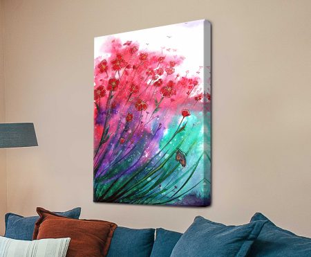 Dancing Poppies by Linda Callaghan - crimson watercolour poppies above purple and teal foliage on canvas