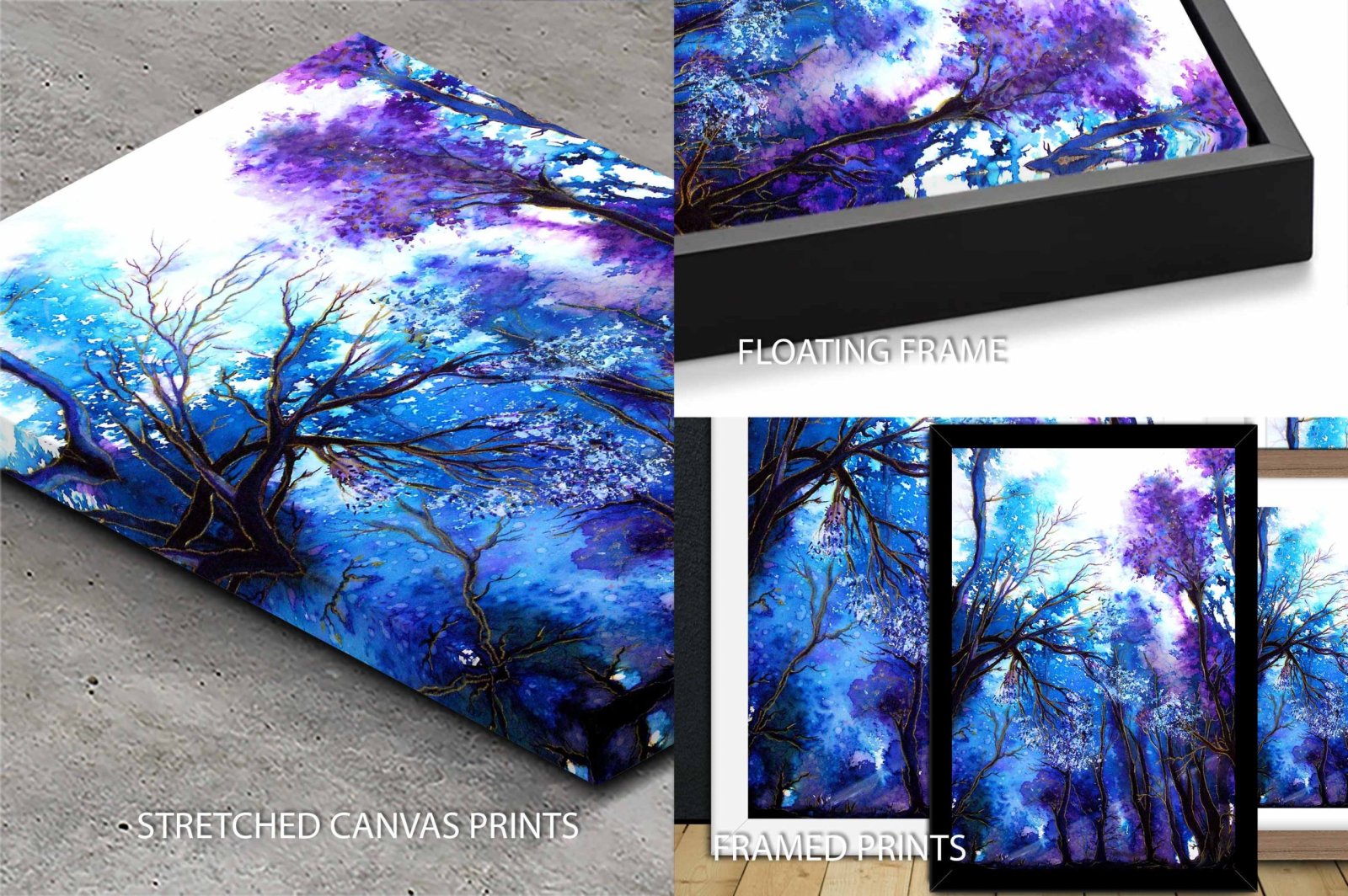 Ray of Hope canvas, glowing light through a violet-toned forest of slender trunks