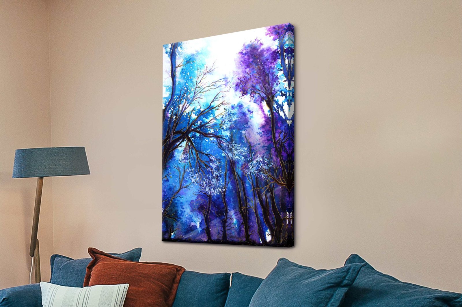 Ray of Hope art, soft light breaking through a moody violet forest of tall trees