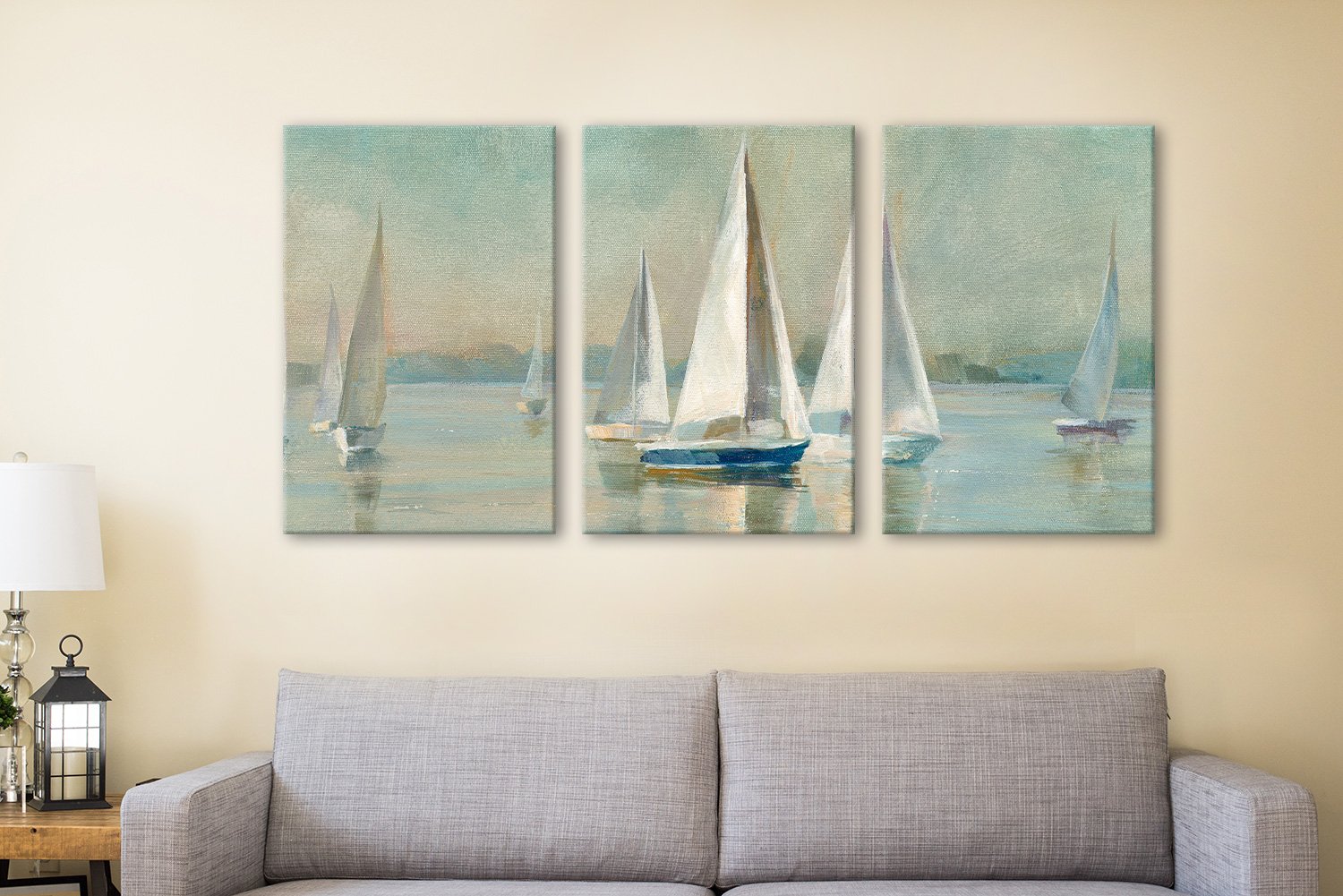 Framed Sailboats at Sunrise triptych, warm golden seascape tones for a lounge