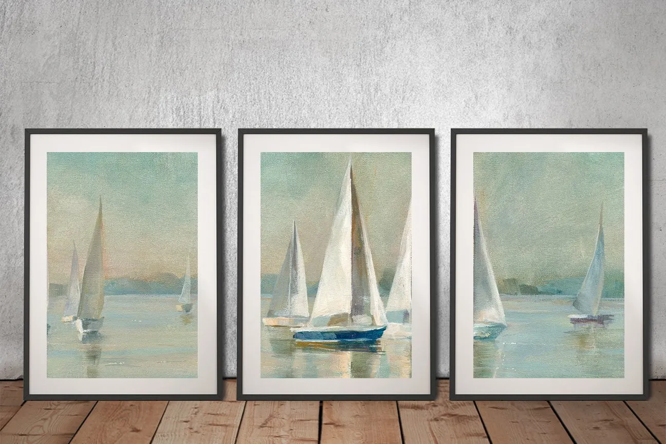 Sailboats at Sunrise three-panel, gentle boats gliding through a warm golden dawn