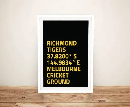 Framed print of Richmond Tigers coordinates, bold Aussie Rules colours