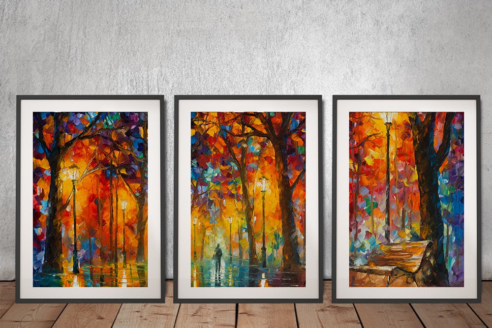 Autumn park scene with a couple on a bench among golden trees across three panels