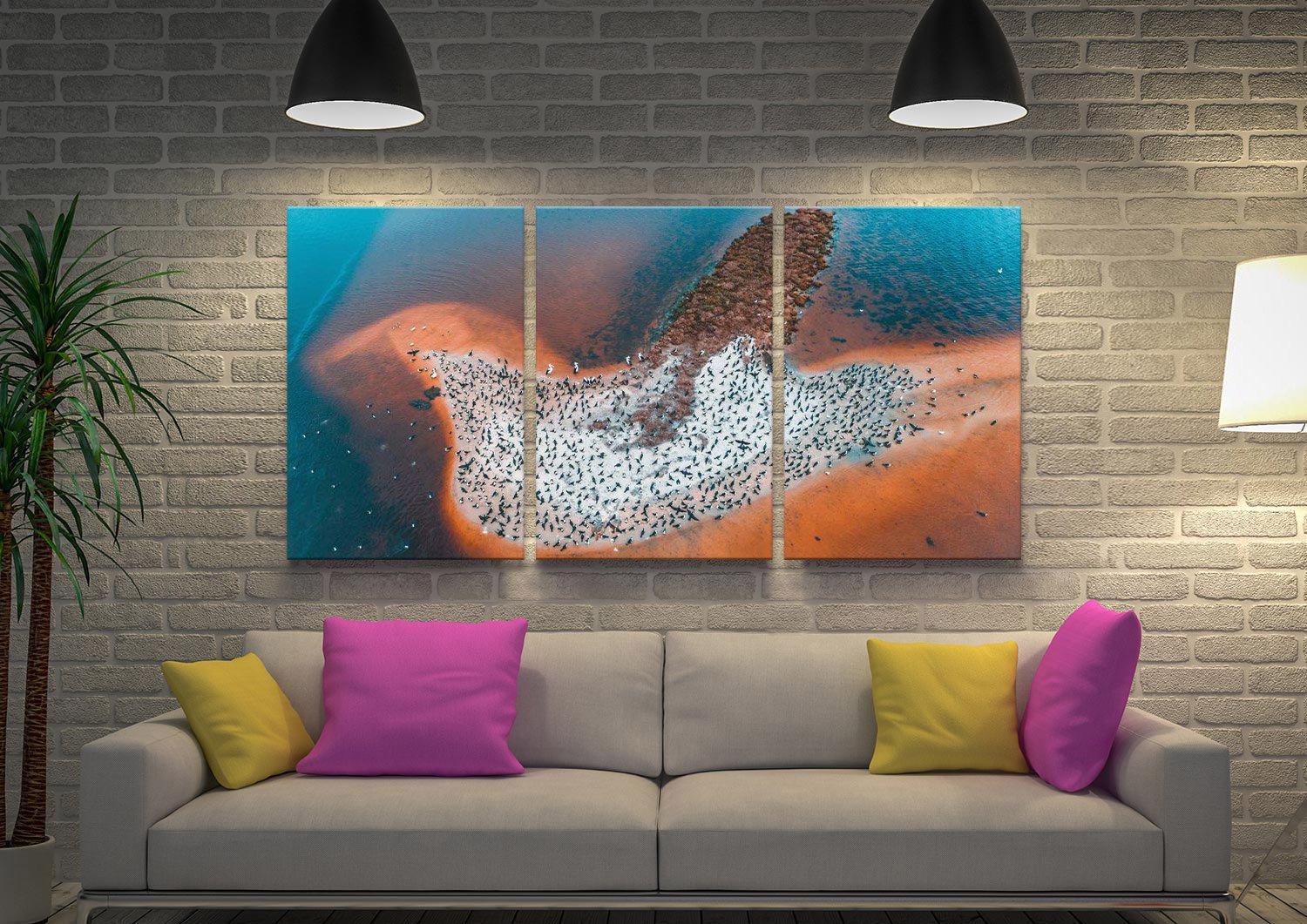 Three-panel canvas of Bird Island by Matt Day, tranquil coastal palette