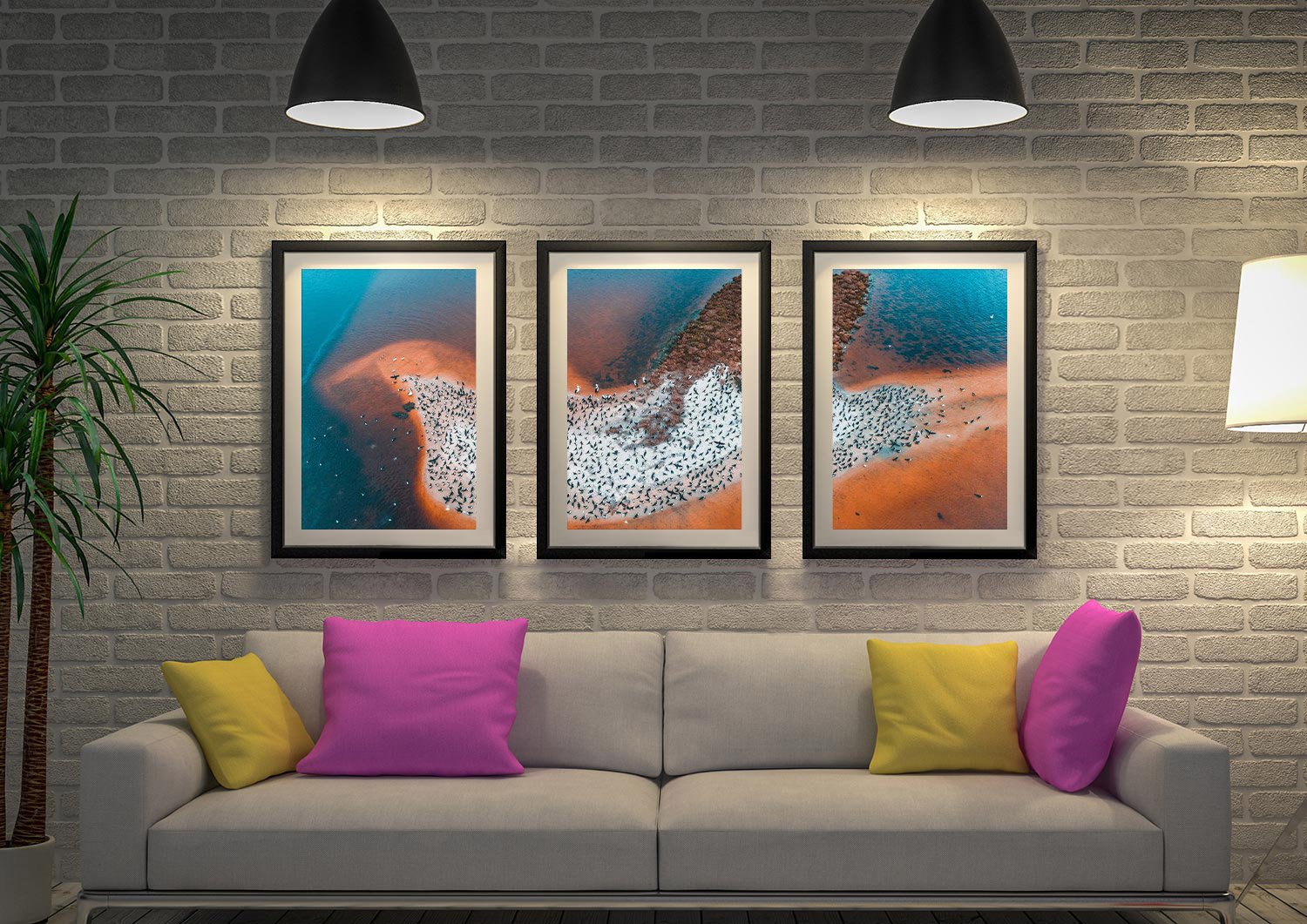 Framed triptych of Bird Island by Matt Day, warm seaside tones