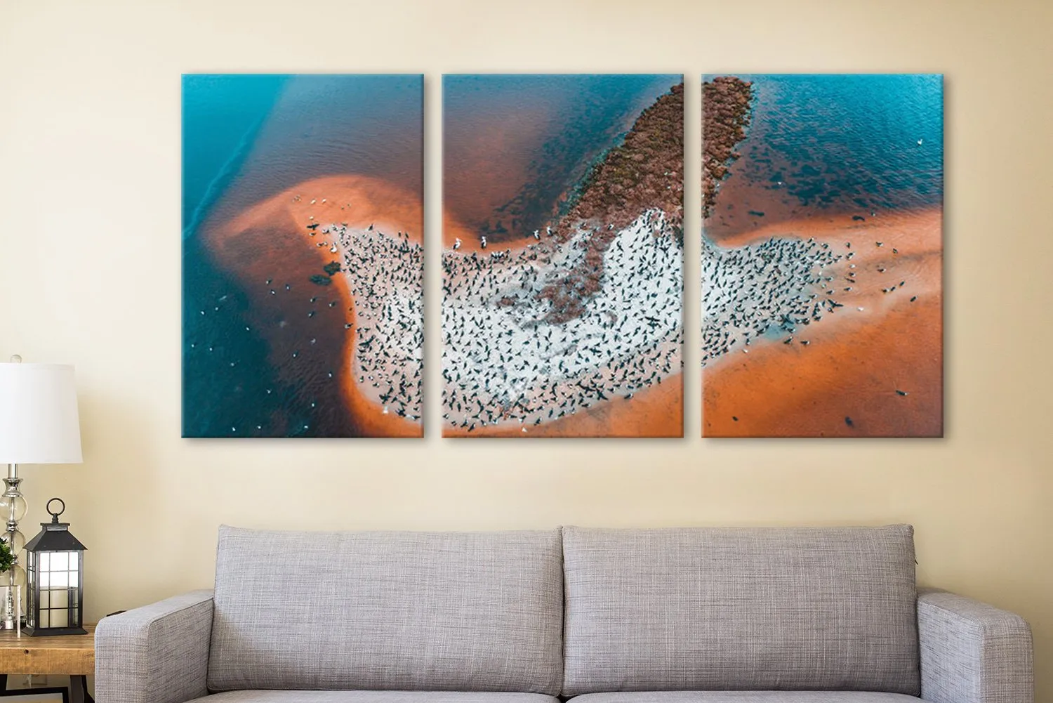 Three-panel canvas of Bird Island by Matt Day, calm coastal blues