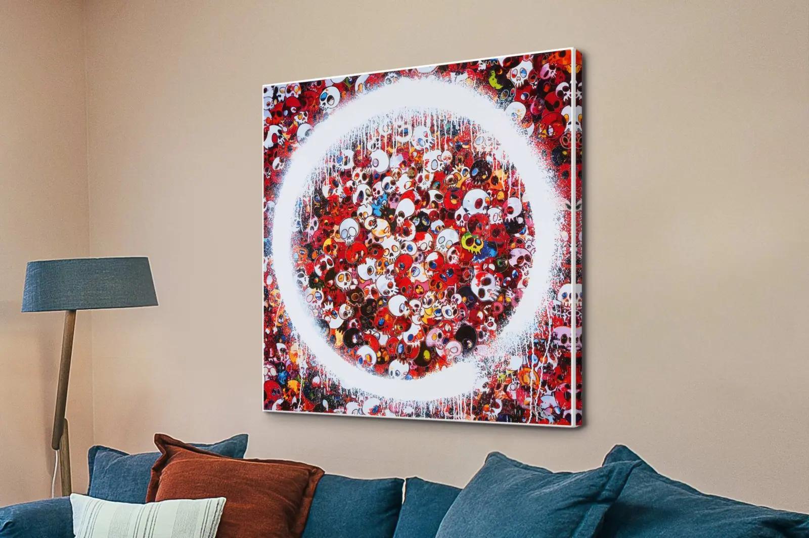 Enso Memento Mori red Zen circle on blue canvas wall art