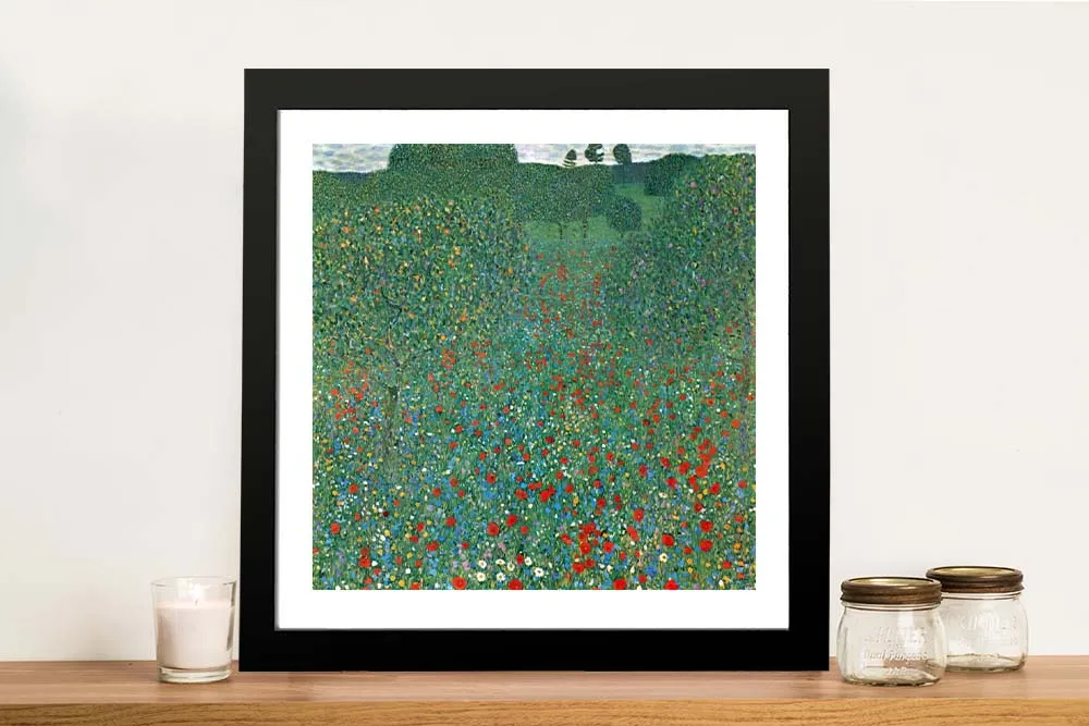 Framed print of Poppy Field by Gustav Klimt, scattered reds and lush green