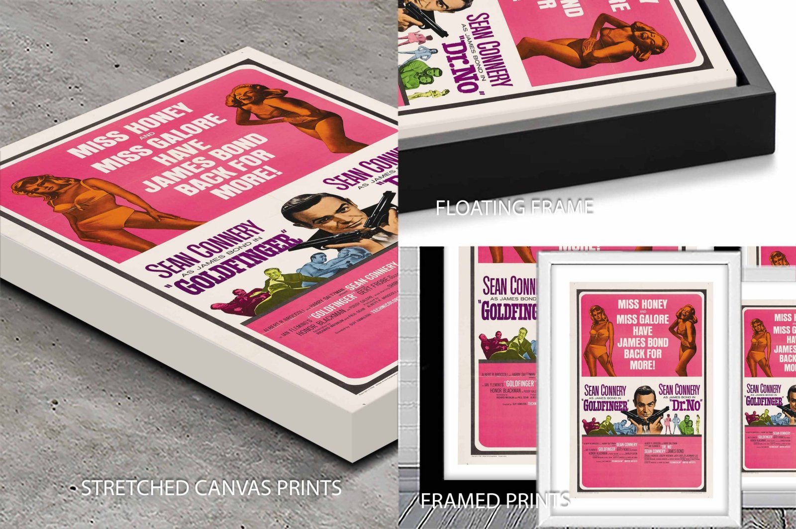 Goldfinger and Dr No retro movie poster shown on canvas wrap, floating frame and white-framed paper prints
