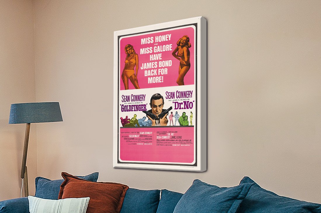 Goldfinger and Dr No James Bond poster on canvas with a hot-pink graphic layout