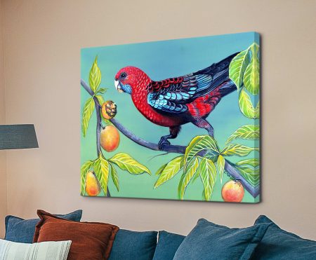 Just Peachy animal canvas print of a crimson rosella eating peaches by Linda Callaghan