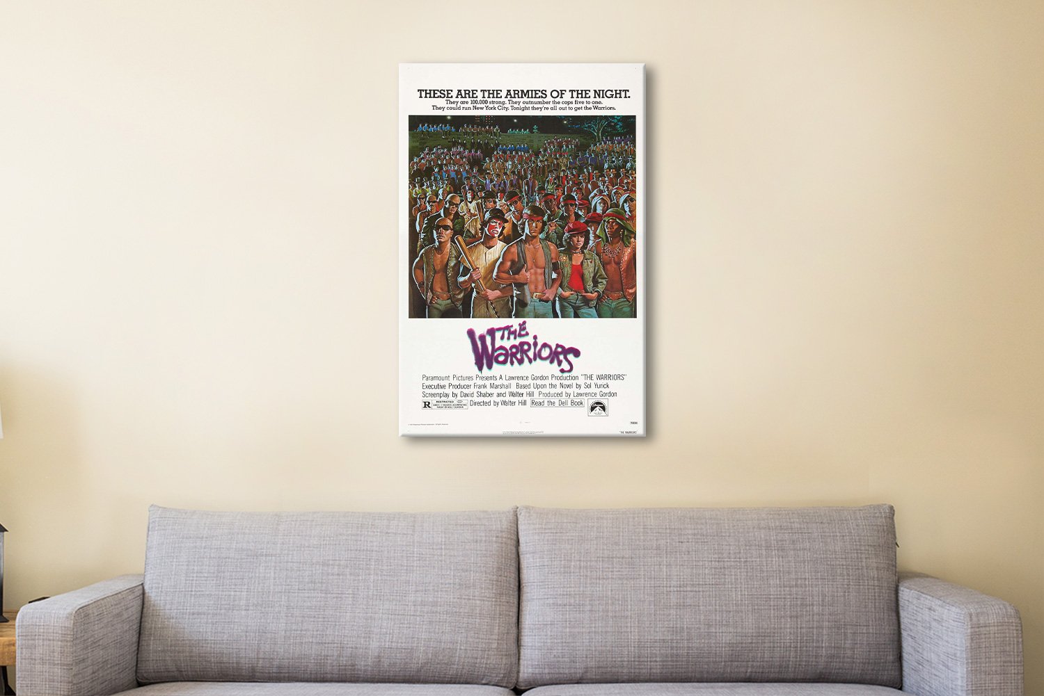 Canvas of The Warriors movie poster, gritty retro night-city tones