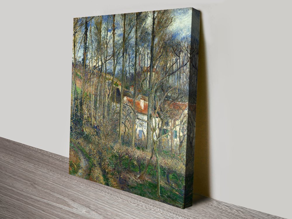Wall art of The Côte des Bœufs by Pissarro, muted woodland impressionist tones