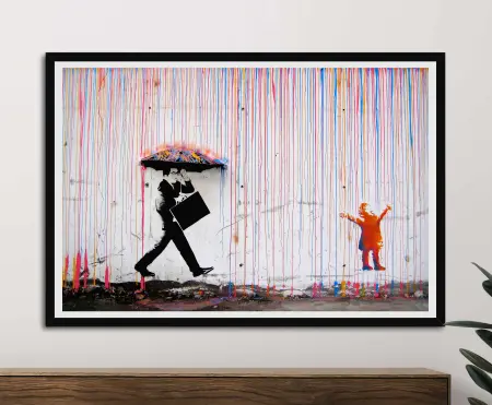 Banksy Nola Umbrella Girl street art with colourful dripping rain, businessman under umbrella and child playing in paint rain