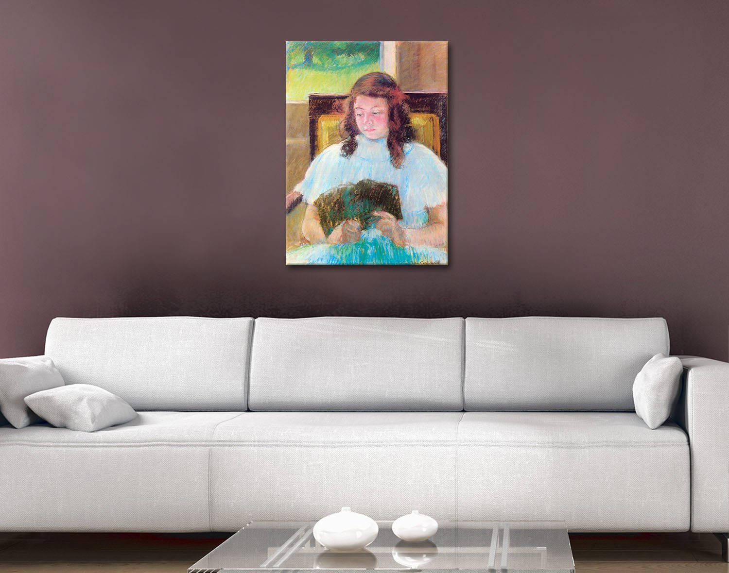 Wall art of Young Girl Reading by Mary Cassatt, gentle luminous tones