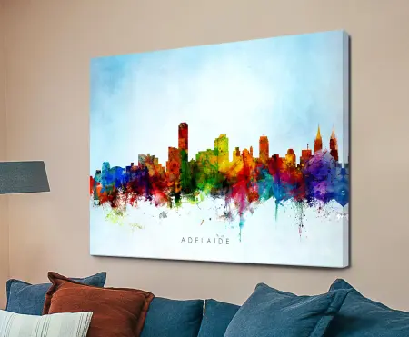 Bold Adelaide Australia Skyline Canvas scaled, art print with digital portrait illustration in vibrant blue purple yellow