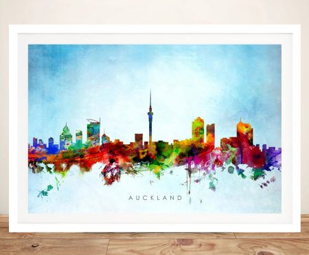 Framed print of a watercolour Auckland skyline, soft colour for a modern WA room
