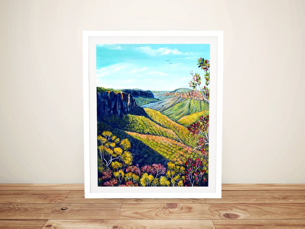 Framed print of Govetts Leap Lookout, misty valley tones for a calm WA room