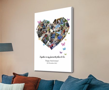 Personalised photographs arranged into a heart with butterfly accents