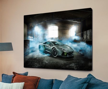 Lamborghini supercar in profile, dramatic automotive canvas print