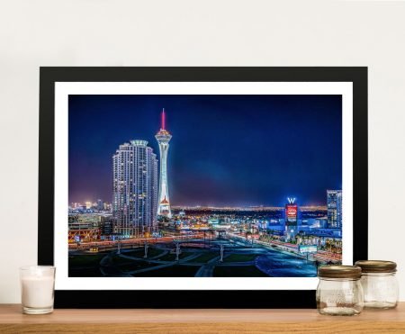 Framed canvas of a Las Vegas time lapse, streaming neon tones for a Perth lounge