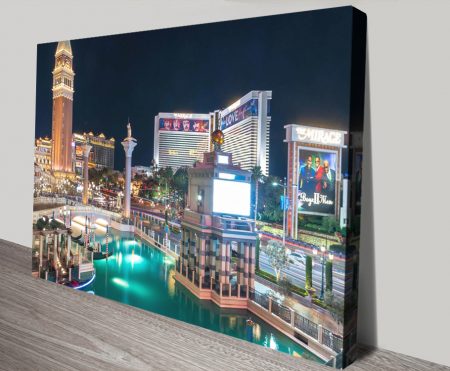 Canvas print of the Las Vegas Strip at night, vibrant neon tones for a Perth lounge