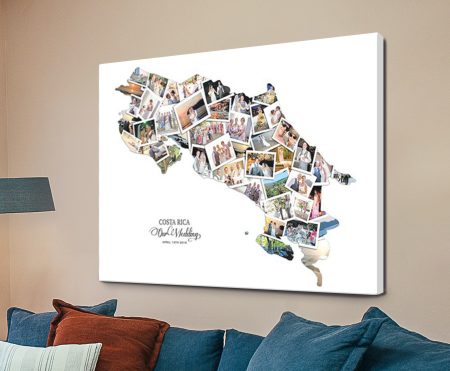 Custom collage of photographs forming the Costa Rica map outline