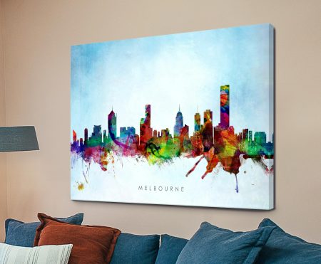 Watercolour Melbourne skyline with soft washes of blue and grey
