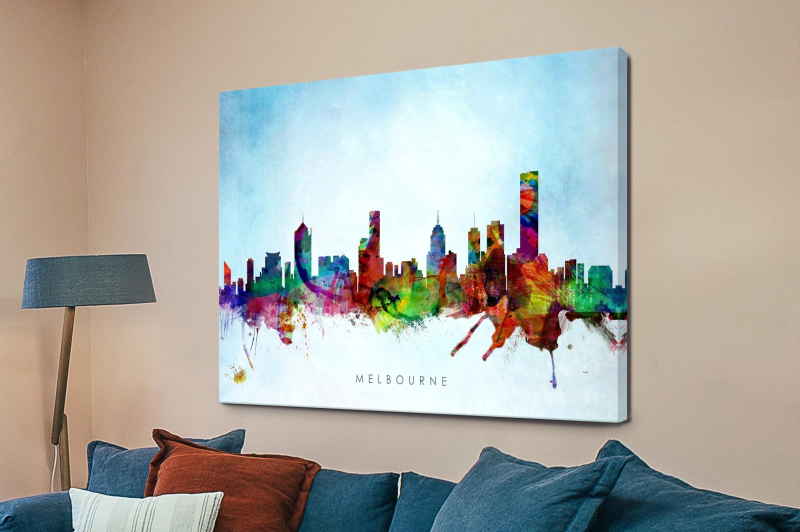 Watercolour Melbourne skyline with soft washes of blue and grey