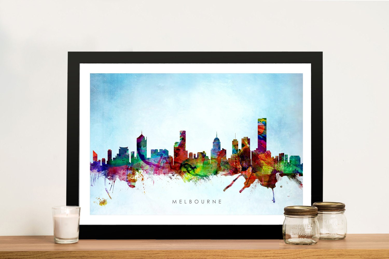 Framed print of a watercolour Melbourne skyline, soft colour for a modern WA room