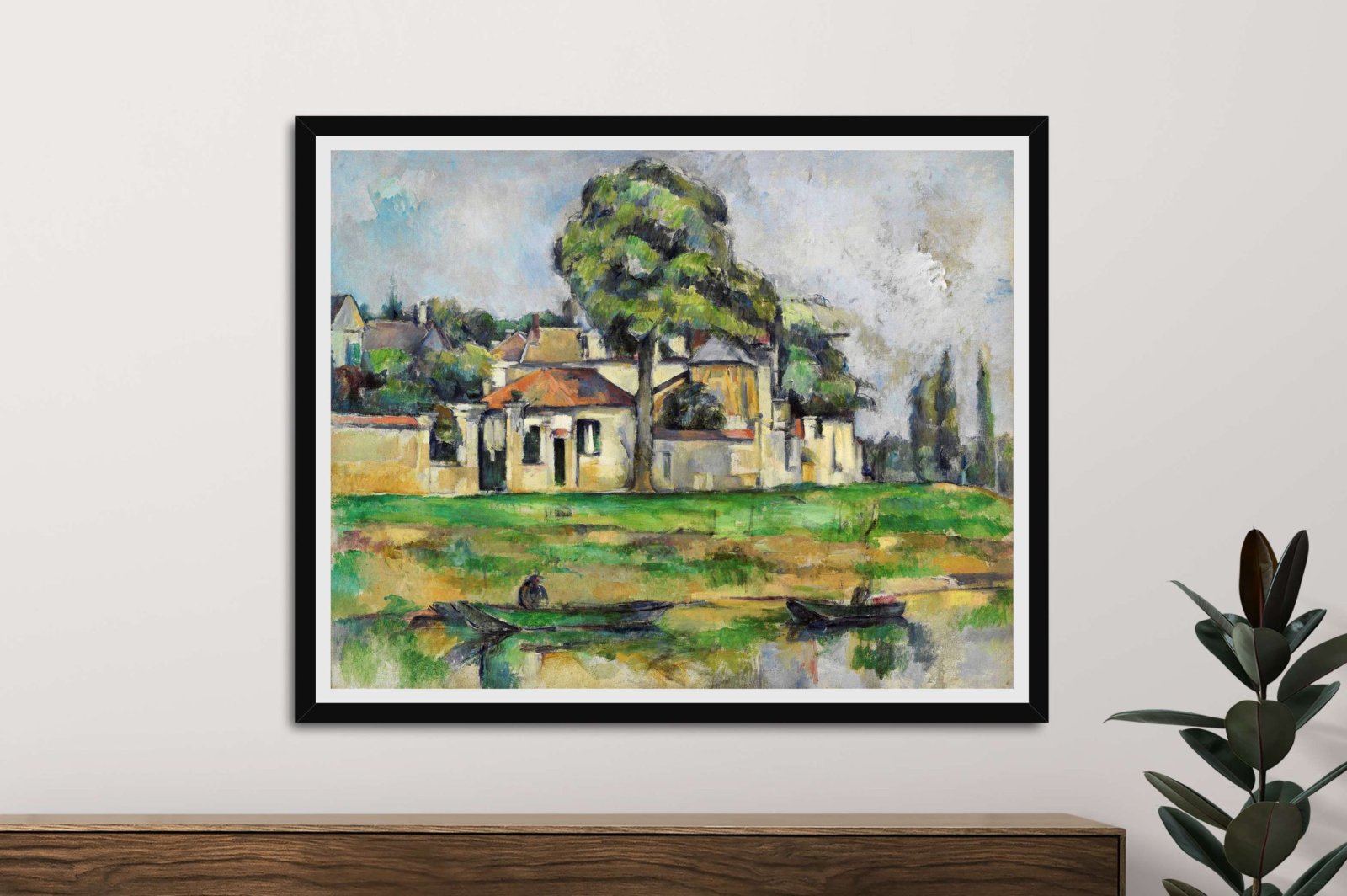 Framed Cezanne Banks of the Marne, serene riverside of soft greens and reflective blue water