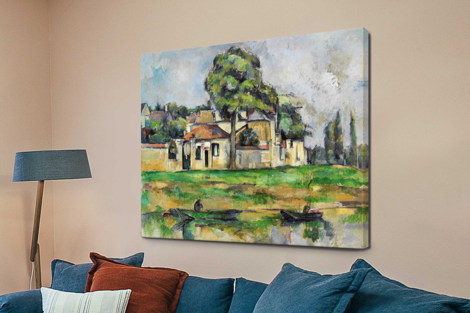 Banks of the Marne by Paul Cezanne, calm reflective river beneath cool green riverside trees