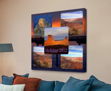 Personalised photo collage over a photo background, on canvas
