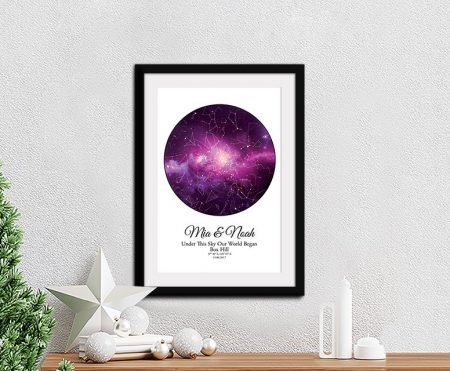 Custom purple cosmos star map on canvas, deep violet sky with mapped constellations