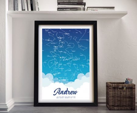 Framed canvas of a baby blue star map, soft pastel tones for a WA nursery