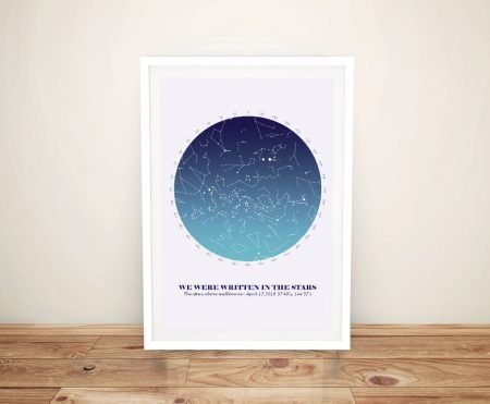 Framed canvas of a blue star map, deep night tones for a WA hallway
