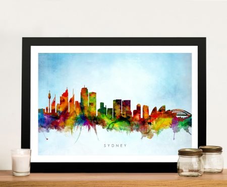 Framed print of the Sydney skyline, cool city tones for a modern WA room