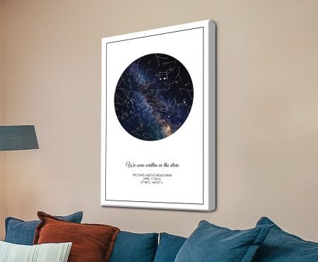 Circular star map of the night sky within a navy border