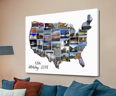 Custom collage of photographs forming the USA map outline