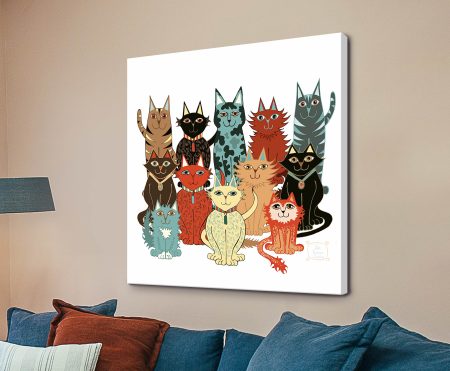 Twelve quirky cartoon cats by Lisa Frances Judd lined up in playful colours