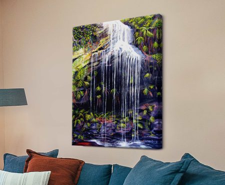 Adelina Falls Blue Mountains canvas, cascading water over ferny rocks in dappled light