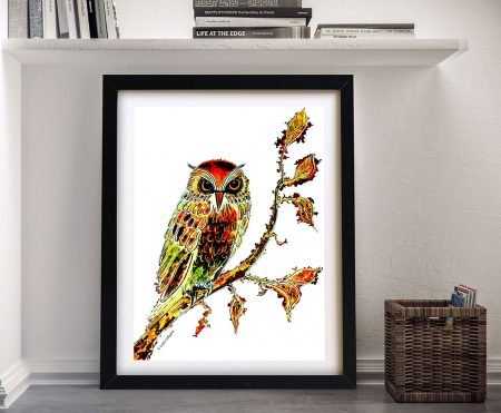 Brown Owl animal art print framed colourful watercolour owl on autumn branch by Linda Callaghan