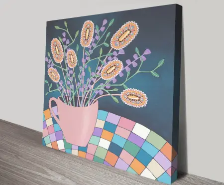Cup of Joy by Lisa Frances Judd canvas print featuring whimsical orange flowers in pink mug on colourful checkered cloth