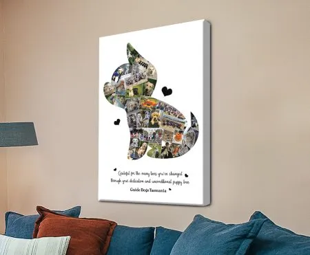 Dog photo collage canvas, treasured pet snapshots gathered in a warm balanced arrangement