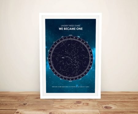 Framed canvas of a galaxy star map, deep cosmic tones for a Perth bedroom