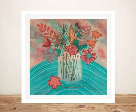 Gentle Blooms by Lisa Frances Judd framed floral print featuring coral flowers in glass vase on teal wavy tablecloth