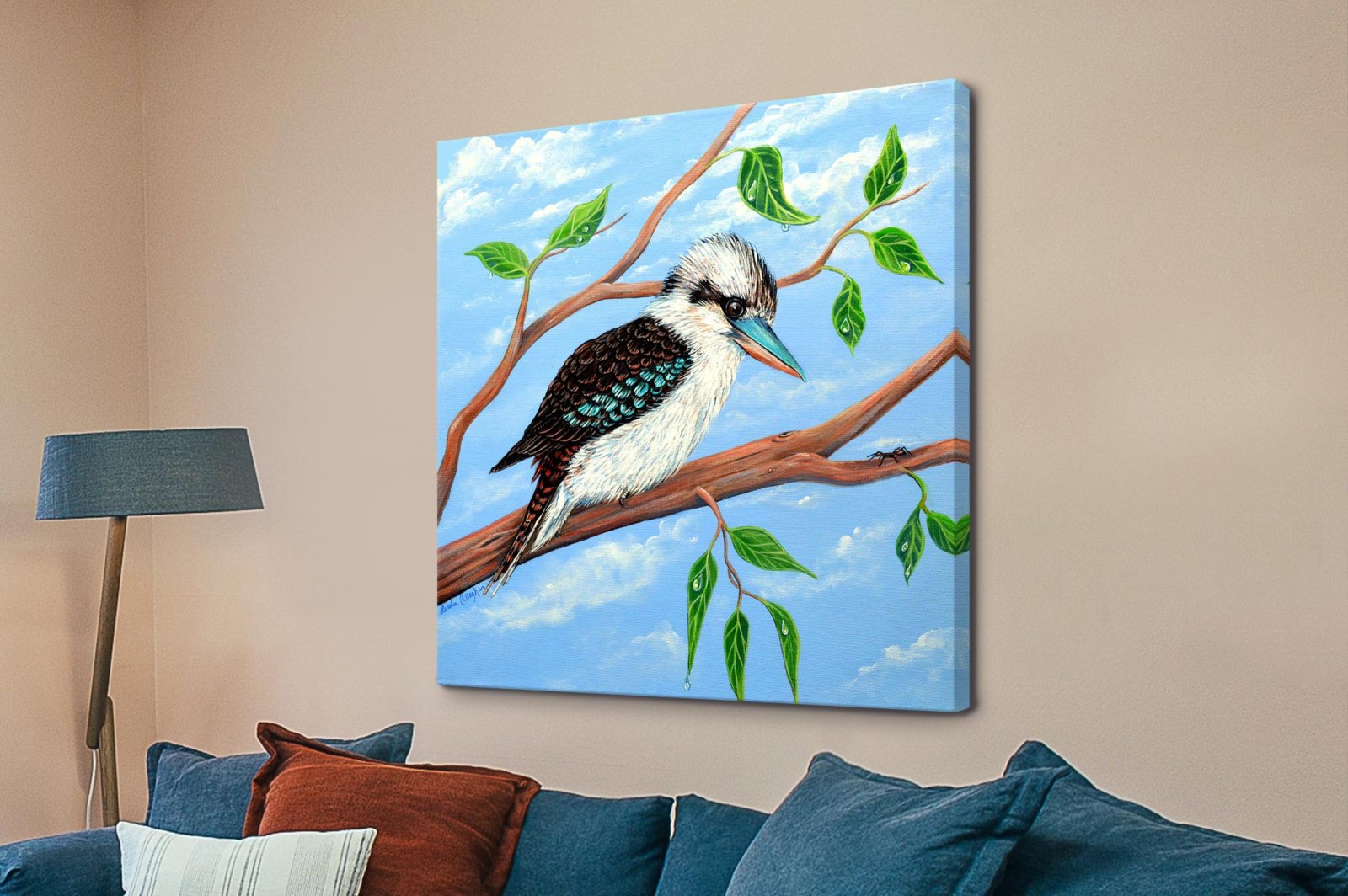 Kookaburra and the Ant art, cheeky kookaburra eyeing a tiny ant in bright warm colour