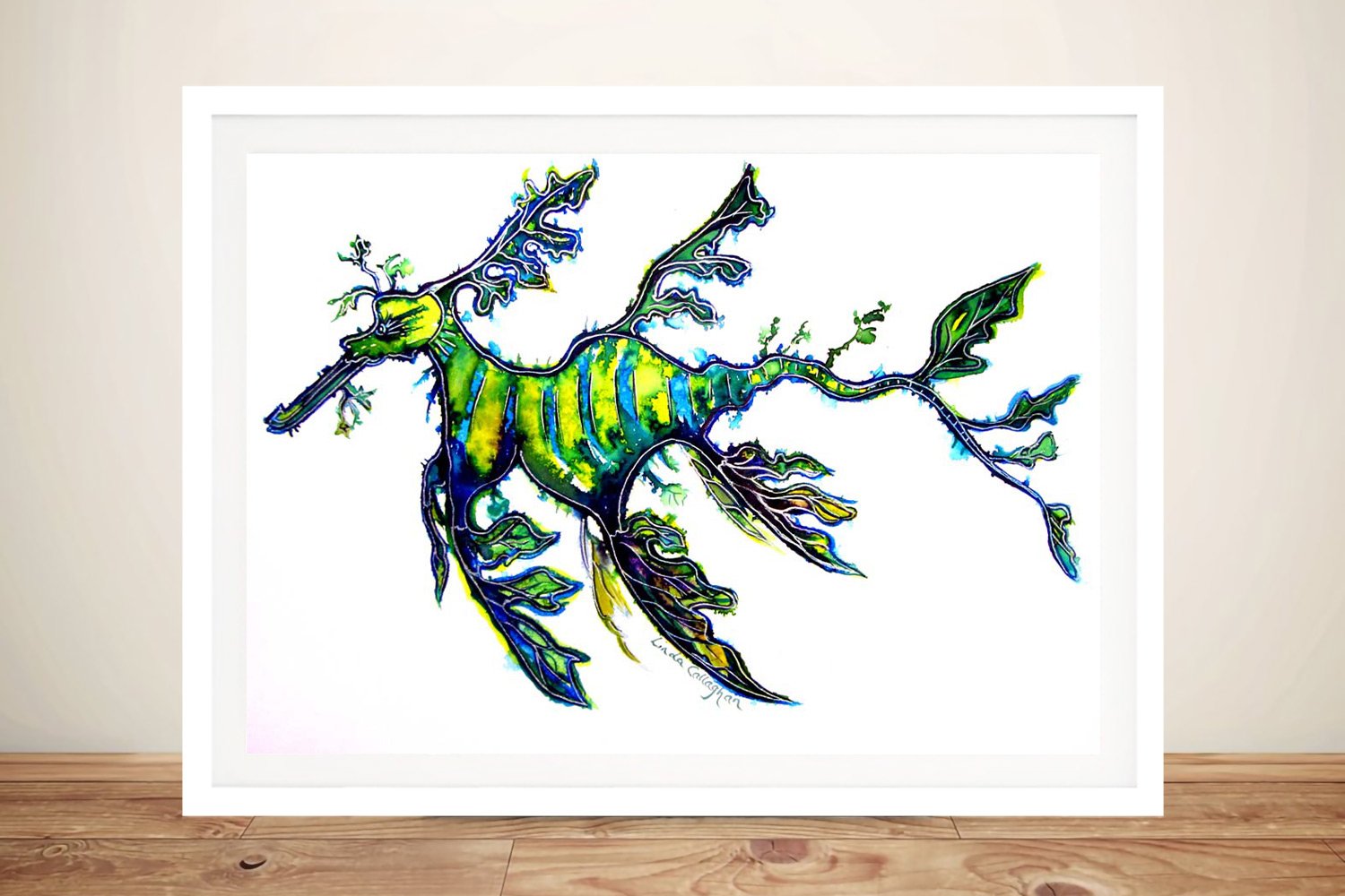 Framed print of a Leafy Sea Dragon, colourful aquatic tones for a bright WA room
