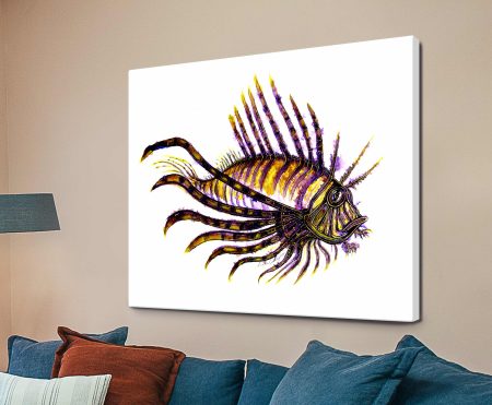 Lion fish canvas print, striking red-and-white striped body with delicate fanned fins