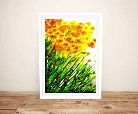 Framed canvas of Sizzling Sunflowers, golden blooms for a bright Perth kitchen wall